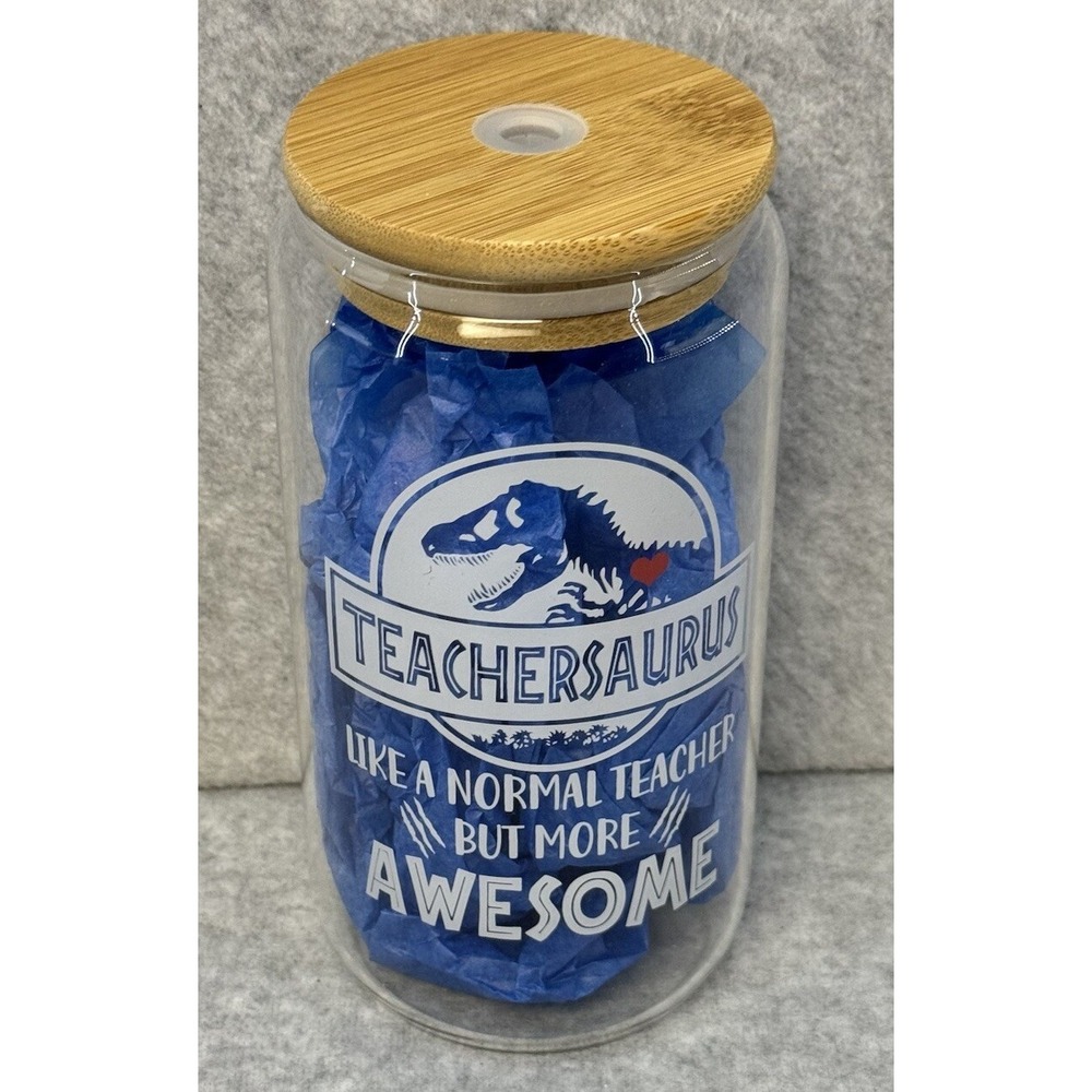 Gifts for Teacher Glass Cup Tumbler Straw Bamboo Lid Teachersaurus Can Glass - Picture 4 of 7